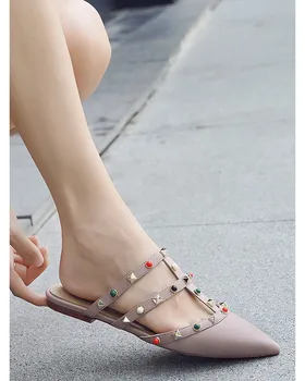 

[Worry female WUYOUNV] Outer wear Baotou flat rivet pointed sandals fashion orange size slippers