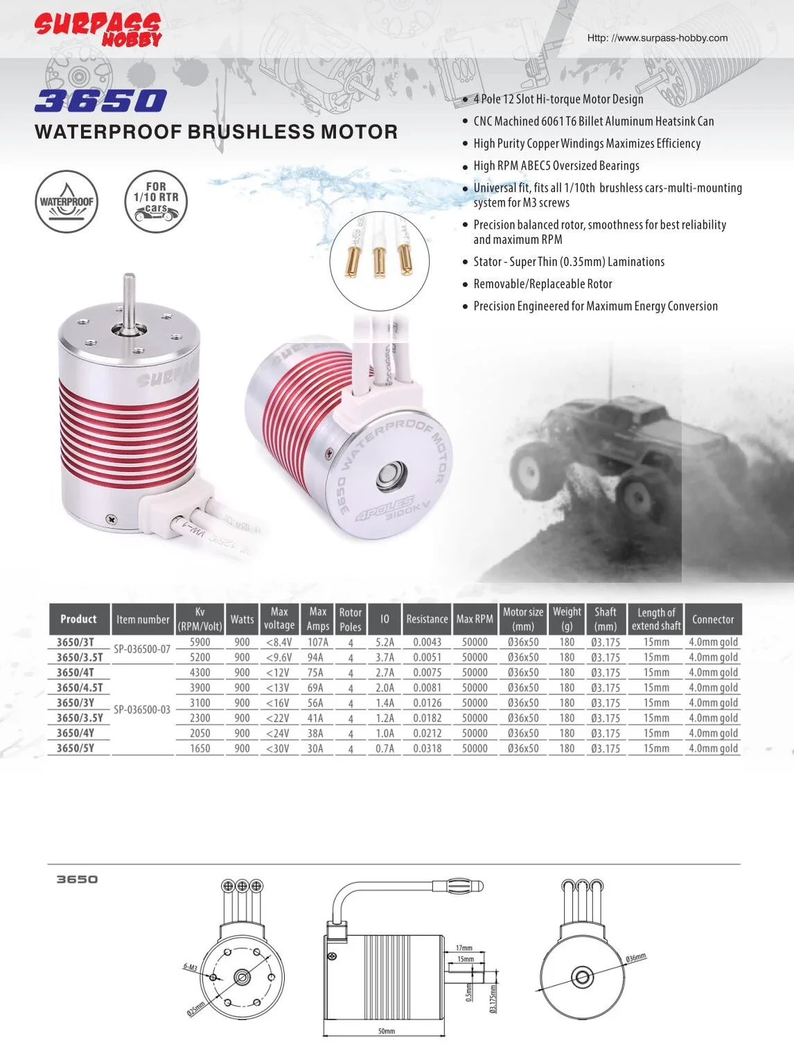 Surpass Hobby 3650 12v 24v trolling motor brushless waterproof electric motor for radio control toys 1:10
