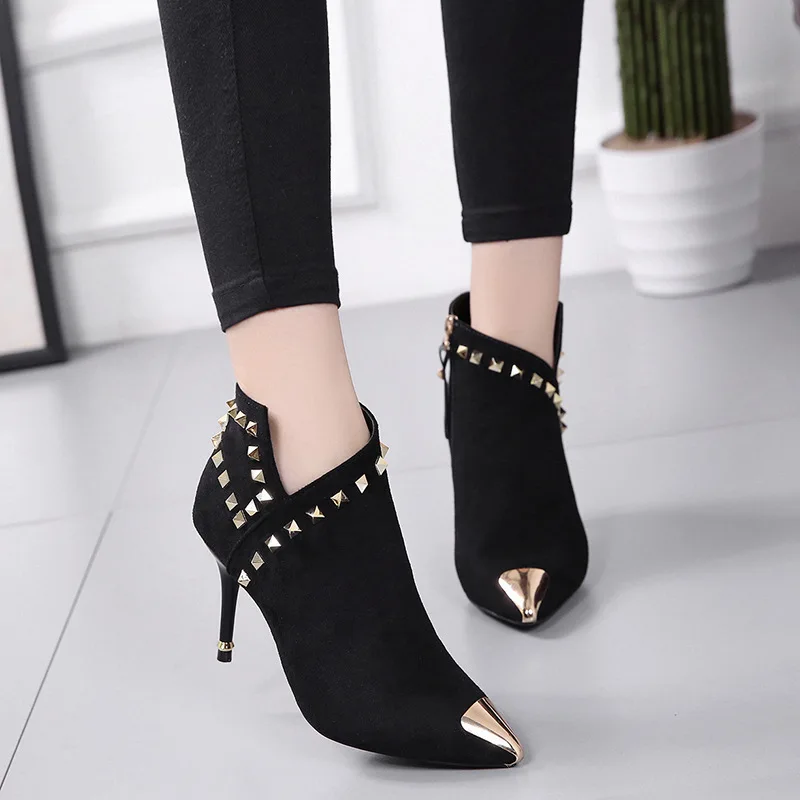 

Rivet Martin Boots Women's 2019 Autumn And Winter New Style WOMEN'S Shoes Korean-style Pointed-Toe Suede High-Heel Martin Boots