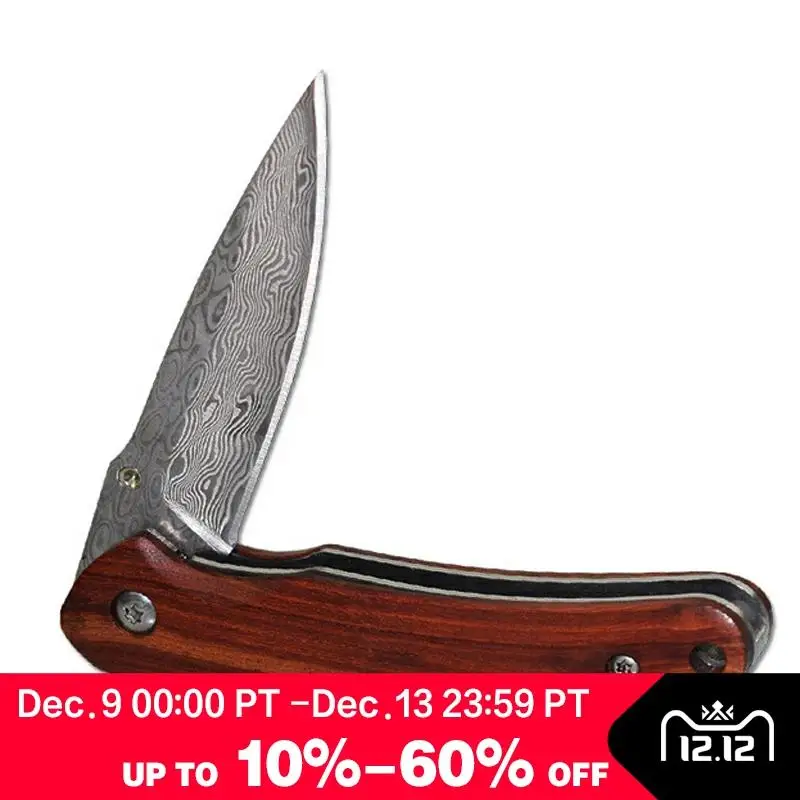 

OMY Outdoor Tactical Folding Knife Damascus Pattern Wood Handle Camping Survival Rescue Knife EDC Tools Portable Hunting Knives