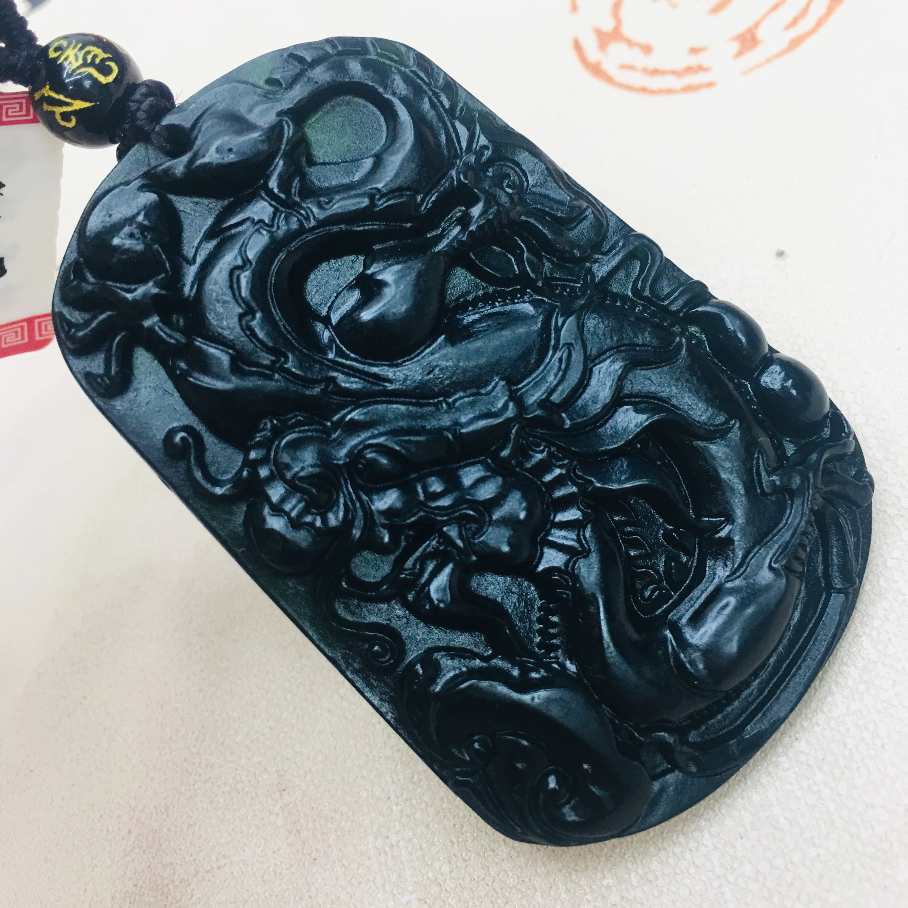 

Pure natural Emerald jade Hand-carved black dragon pendant with tri-color bead necklace Men and women sweater chain