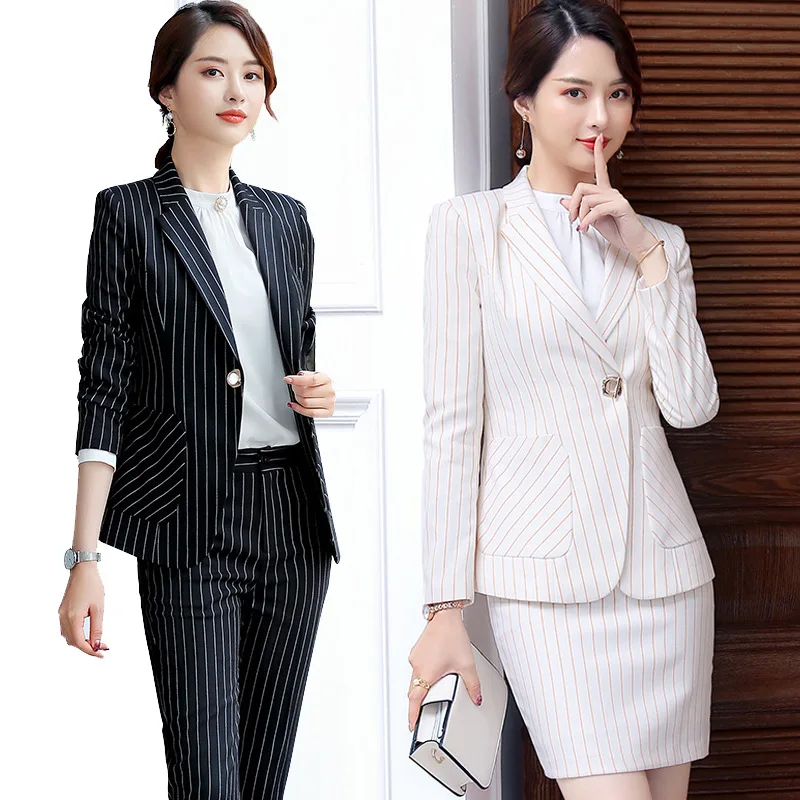 

Female Elegant Stripe Formal Office Work Pant Suits 2 Pieces Set for Women's Suit Set Blazer and Trouser Pant Business Clothing