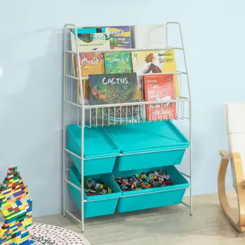 

SoBuy Children Kids Bookcase Storage Display Shelving Unit Metal Organization Rack with Plastic Storage Boxes,KMB07-B