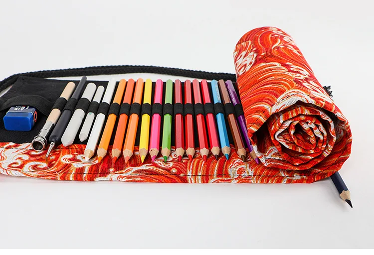 Japanese and wind-printcanvas brush 12 24 36 48 72-well large-capacity volume pen bag sketch color pencil case