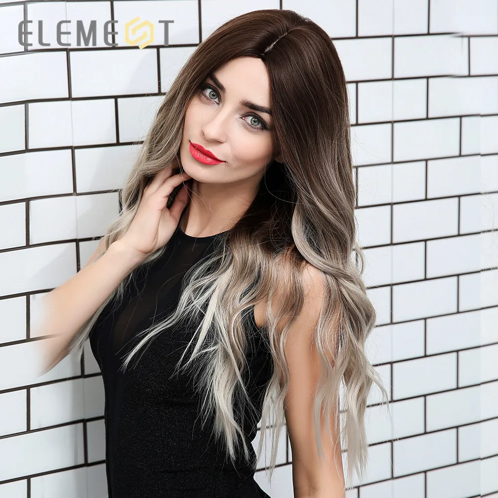 Element Synthetic Dark Root Light Brown Ombre Grey Long Wavy Hair Wigs Center Part Cosplay Costume Wig for White Black Women 3 Element Synthetic Dark Root Light Brown Ombre Grey Long Wavy Hair Wigs Center Part Cosplay Costume Wig for White Black Women 3