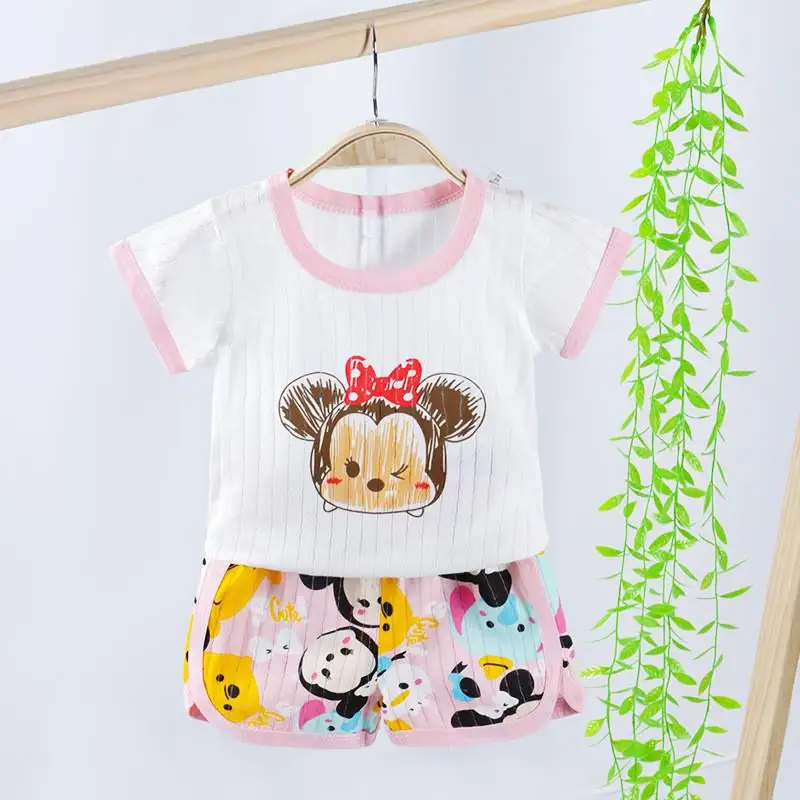 Summer Cartoon Pink Minnie Kids Girls Clothes Short Sleeve Tops+ Shorts 2pcs Baby Boys Girls Clothing Sets Fashion Sport Suit baby floral clothing set Baby Clothing Set