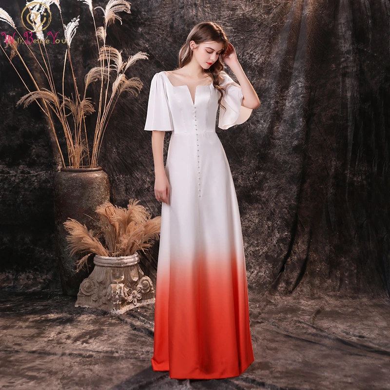

Prom Dresses 2020 Long Chiffon-Satin White-orange Contrast Color Floor Length Short Sleeve A Line Sheer Neck Formal Evening Gown