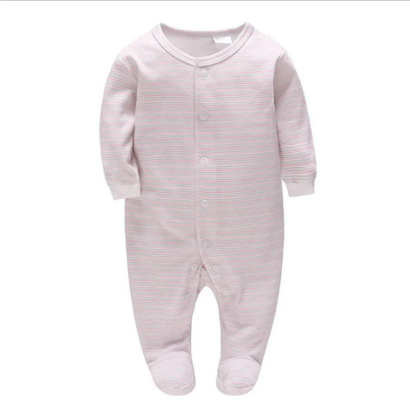 

Picturesque Childhood Newborn Baby Pink and Grey Pinstripe Print Footies Pure Cotton with Buttons Clothes Infant Casual Outfits