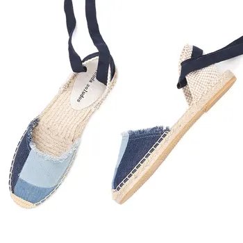 2021 탑 데님 T 스트랩 플랫 코튼 패브릭 오픈 샌들, Mujer 샌들, Sapatos Mulher 여성 에스파드리유 플랫 슈즈, 신상