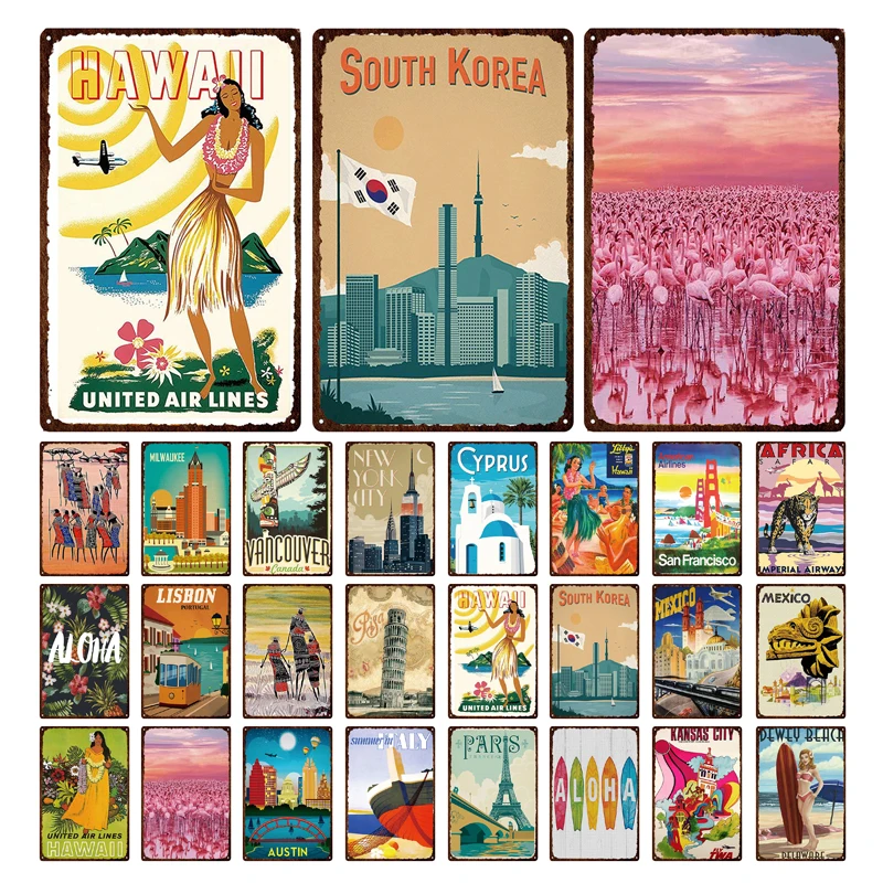 

Retro Abstract Hot Sale Pink Flamingos Seaside Surfing Resort Special Anti-fading Decoration Brand Customizable Metal Tin Sign