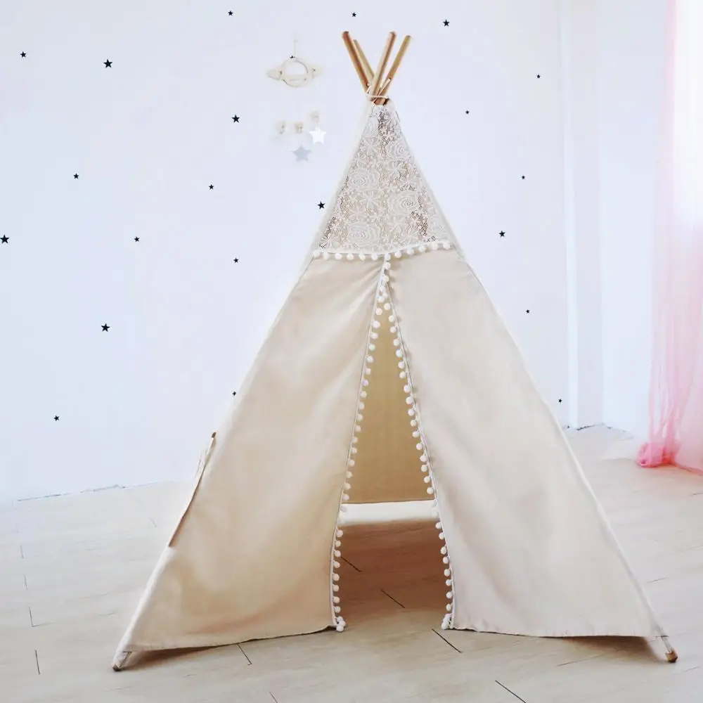 Кружевная палатка Tipi для детей, натуральные вигвамы из полотна для детского игрового домика, складная Игровая палатка для детского чтения, индийская палатка Tipi - Цвет: Черный