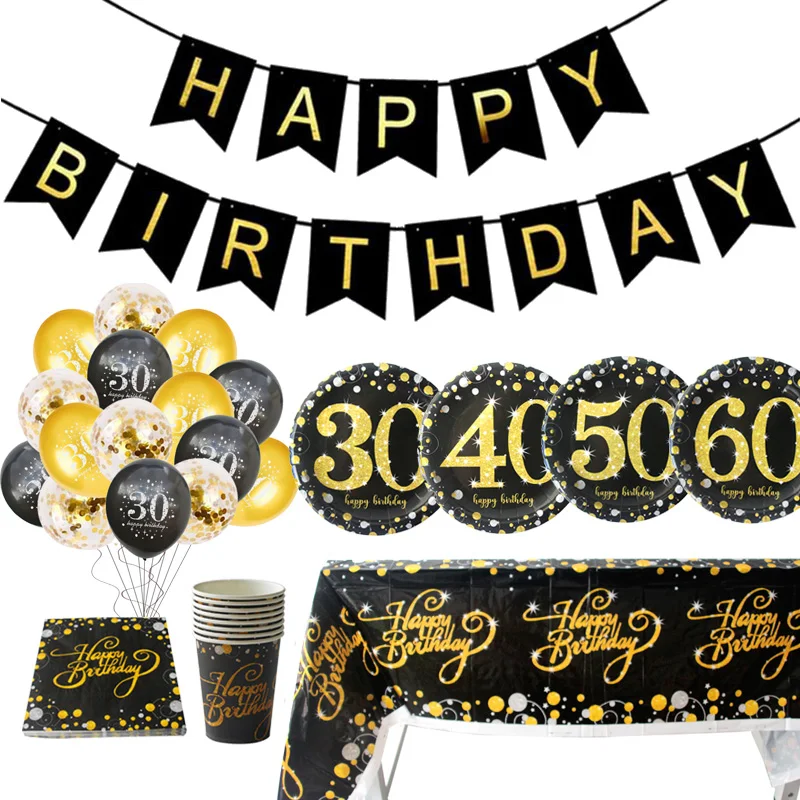 Dusenly 16pcs 30th Birthday Paper Plates Black Gold Birthday Celebration Party Paper Tableware Supplies 