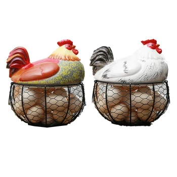 

BEAU-Ceramic Egg Holder Chicken Wire Egg Basket Fruit Basket Collection Hen Ornaments Decoration Kitchen Storage 19CMX22CM