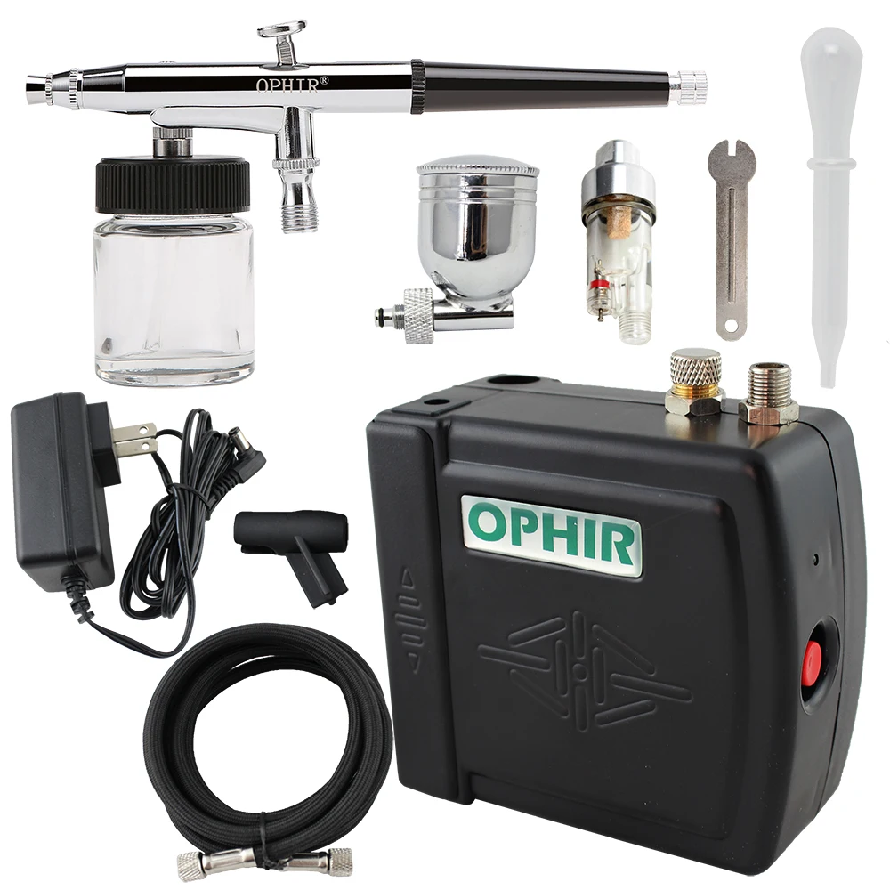 OPHI Cake Tools 0.3mm Dual Action Airbrush Kit With Air Compressor For Art Hobby Paint Cake Decoration Kits _AC003+AC005+AC011 ophir body paint 2 airbrush kit dual action gravity paint gun compressor set for hobby tattoo nail art makeup  ac088 ac004 ac006