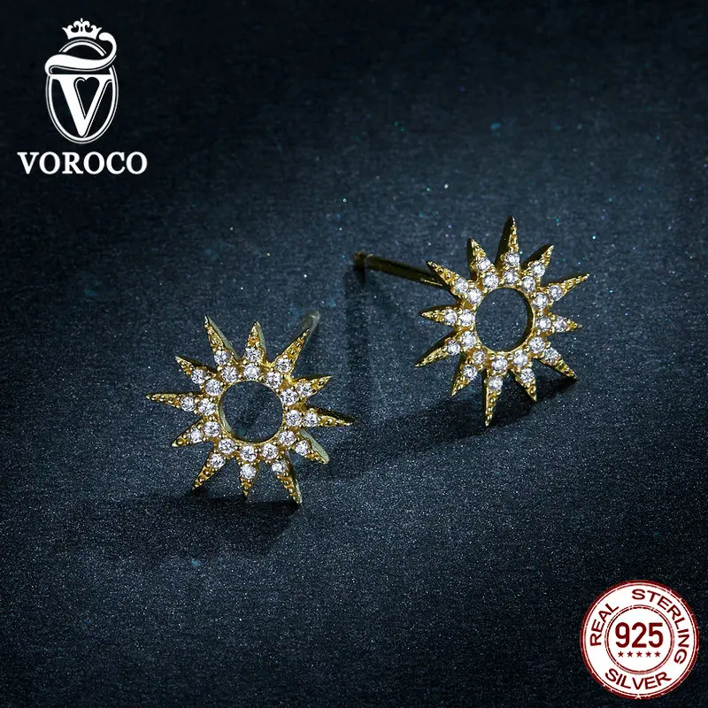 VOROCO настоящий 925 пробы серебристо желтое золото Сияющие серьги гвоздики