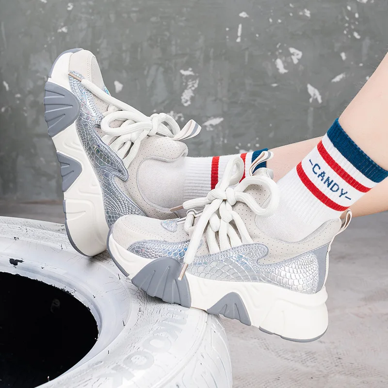 

SWONCO cowhide leather shoes women spring white sneakers platform wedges shoes casual female 2020 spring/autumn new sneakers