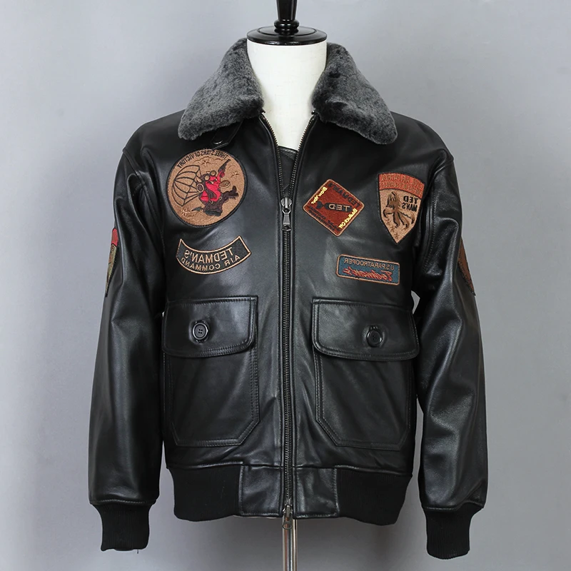 

Avirex fly Air Force Flight Biker Motorcycle Fur Collar G1 Genuine Leather Jacket Men Black Sheepskin Winter Coat