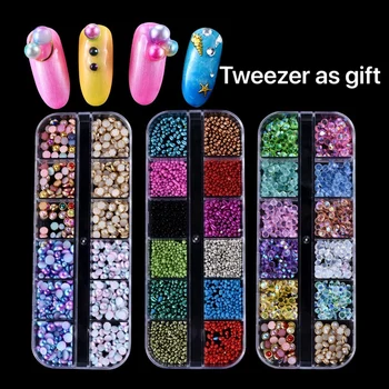 

12 Grid Nail Art Accessories Sequins Gem Caviar Rhinestone Crystal Glitter Pearl Bead Acrylic UV Gel 3D Tips Manicure Decoration