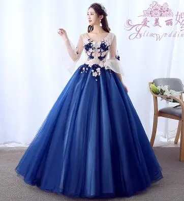 1 Vestidos De 15 Anos Azul Ball Gowns Sweet 16 Long Blue Flare Sleeve Appliques Girl Quinceanera Dresses For Quinceanera 15 Years - Color: 1