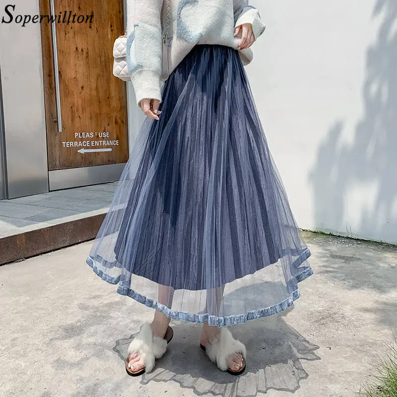 Женская бархатная сетчатая юбка миди, гофрированные длинные юбки, женские элегантные юбки с эластичной резинкой на талии, Женская мода, Осень-зима, новинка