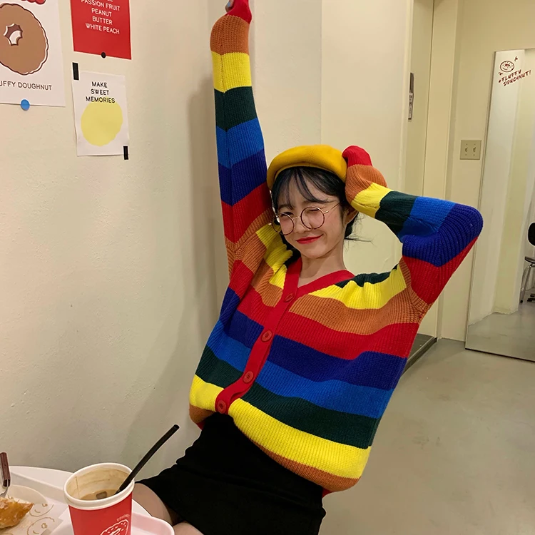 Женский корейский Harajuku Радужный Контрастный ЦВЕТНОЙ свитер с v-образным вырезом женские свитера японский Kawaii Ulzzang японская одежда для женщин