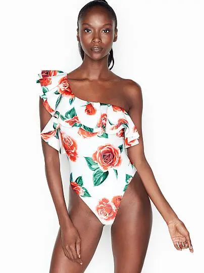 

2020 New Sexy Single Shoulder Swimsuit Floral Print One Piece Suit Lotus Overlaps Swimwear S-2XL Girl Backless Bathing Suit