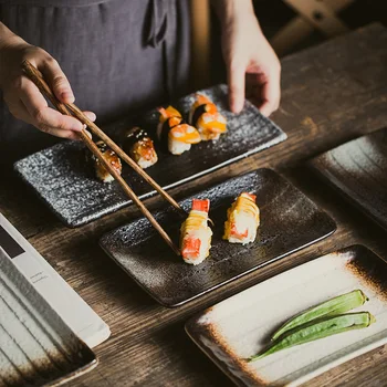 

Japanese restaurant long square dish retro tableware ceramic plate western plates Household stone plate sushi plates