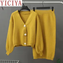 Knitted Womens Two Piece Set clothing 2020 Women 2 Piece Set Sweater Suit Vintage Long Sleeve Cardigan Female Midi Skirt Set