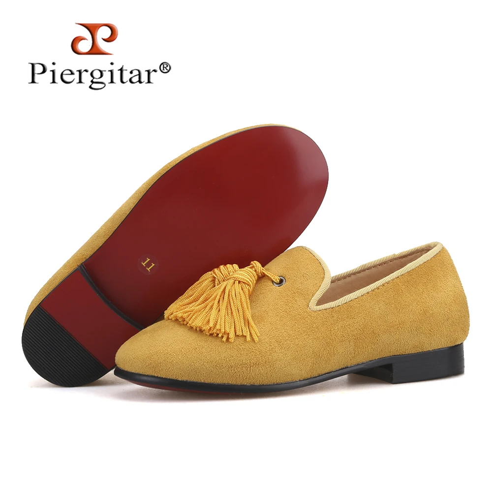 

Piergitar handmade gold cow suede children tassel loafers parental shoes party and birthday kids's smoking slippers red bottom