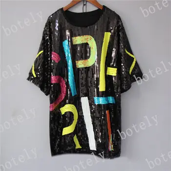 

Black pink t shirt Sequin Long O Neck T shirt Fashion Hip Hop Bling T-shirt Women's Short Sleeve Party Club Top Loose Clothes