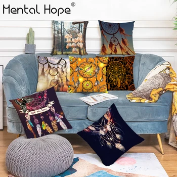 

Dreamcatcher Printed Sofa Throw Pillow Cover Feather Pattern Linen Cotton Cushion Cover Home Decor Square Decorative Pillowcase