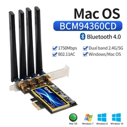 Adaptateur wi fi PCI E 1750 sans fil 802.11AC, 2.4 mb/s, 4.0/5 ghz, Bluetooth, compatible avec Mac/Hackintosh/Windows, bcm94360 
