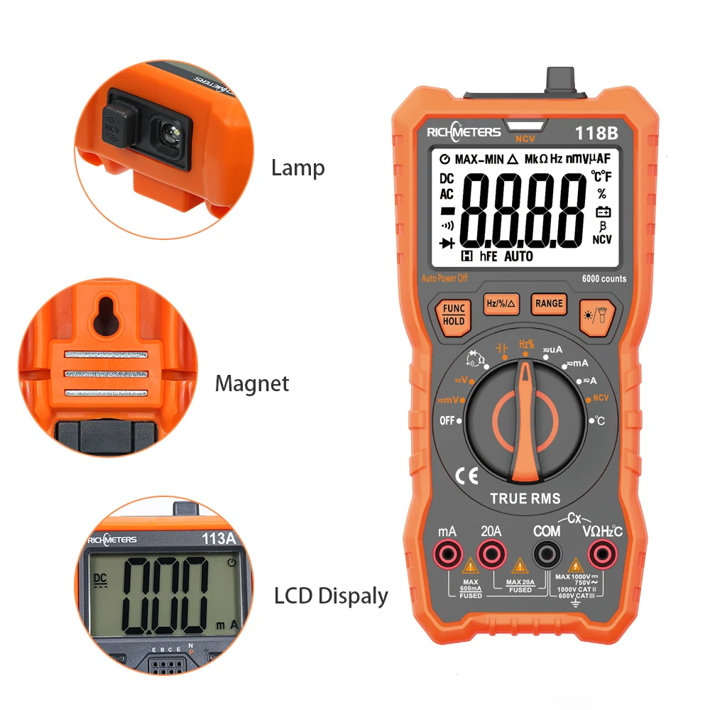 Цифровой мультиметр рихметров 118C 20A 6000 отсчетов NCV HFE True-RMS 100mF емкость магнит AC/DC Напряжение Ток температура - Цвет: 118B with magnet