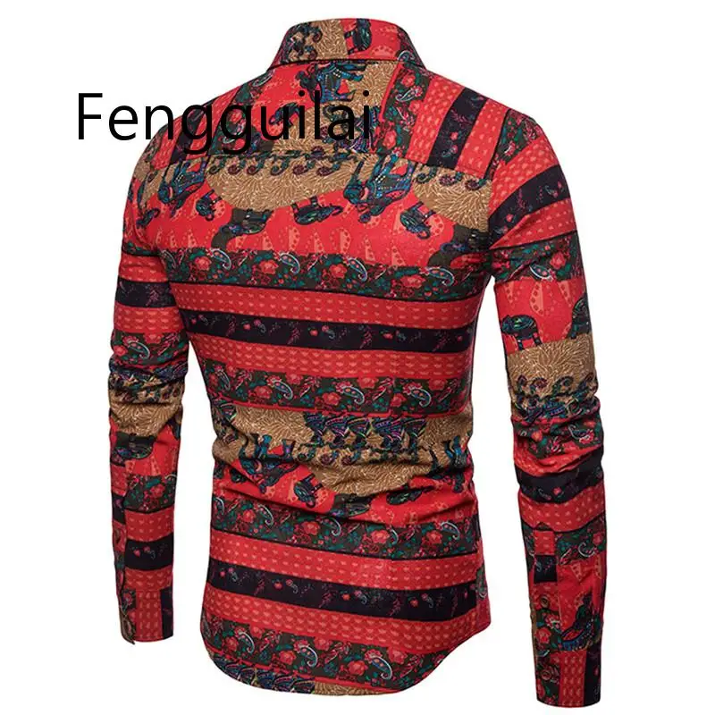 FENGGUILAI стиль печати мужские цветочные 2 шт цветок с длинным рукавом рубашки+ винтажные брюки дышащие пляжные богемные наборы США размер XS-3XL