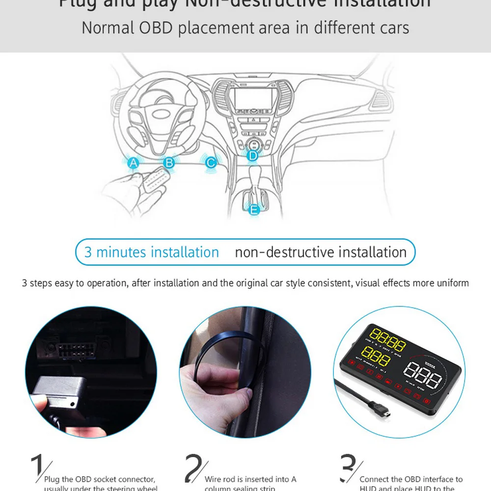 A9 Large Screen Car Display Hud Head Up Display Speed / Water temp / Faulty Code Car Monitor Windshield Reflection Projector