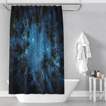 

Night sky starry forest polyester printing waterproof bathroom shower curtain bathroom partition curtain with hook