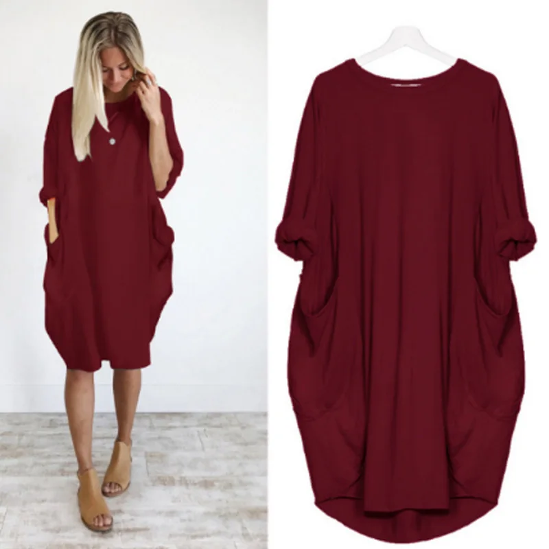  Hot Autumn Women Loose dresses with Pocket Dress Ladies Crew Neck Casual Long girl Tops Dress femal