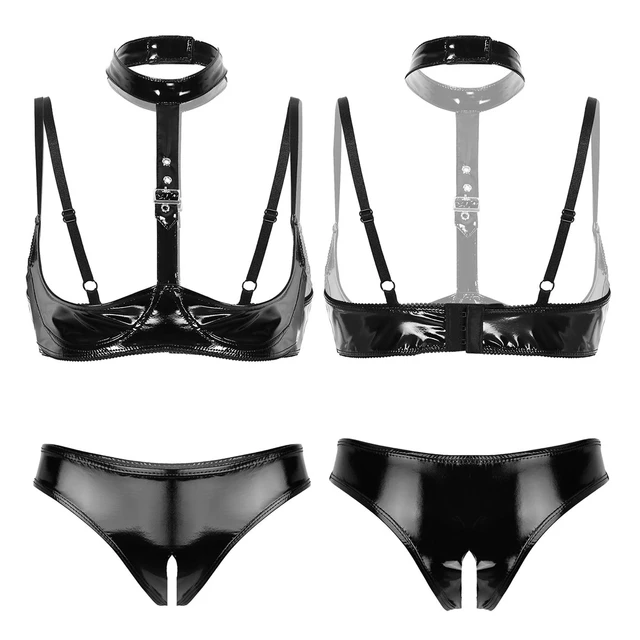 Women Sexy Lingerie Set Wet Look Patent Leather Open Cup Shelf Bra Tops  with Open Crotch High Cut Briefs Club Underwear Panties - AliExpress