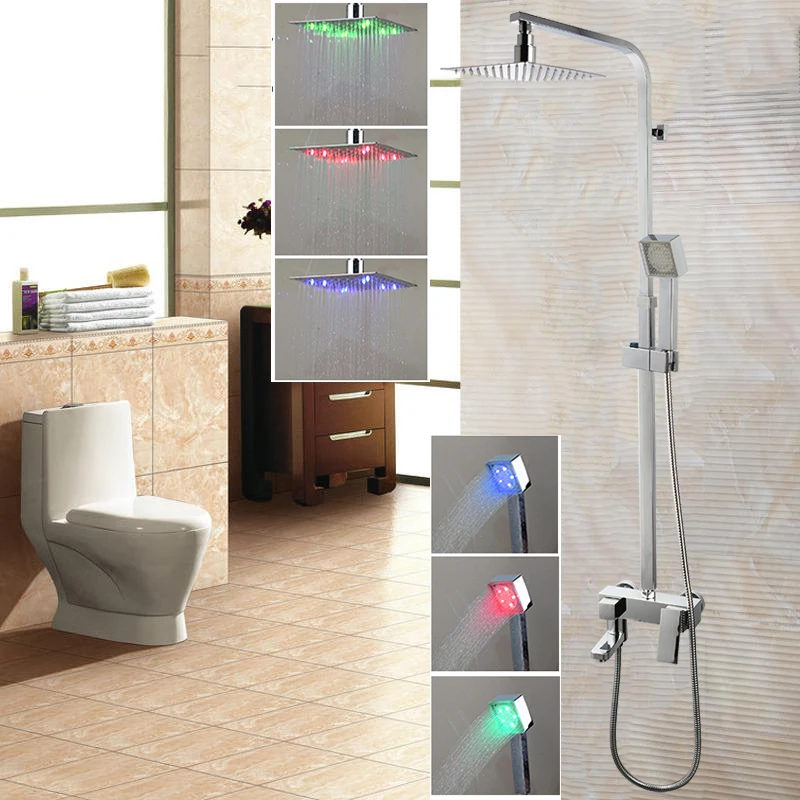

Bathroom LED Light Shower Set Brass Chrome Cold & Hot Water Water Mixer Faucet Wall Mounted LED Shower Head And Hand Shower