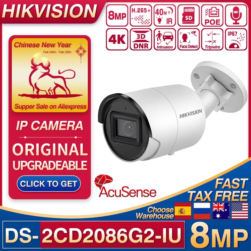 Hikvision DS-2CD2086G2-IU POE IP Camera 8MP Bullet Network CCTV IPC SD Card MIC 4K H.265+ 4 Smart Event Face Detect AcuSense