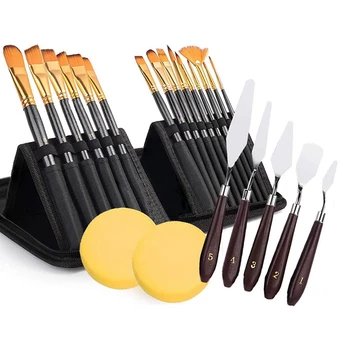 

HOT-22Pcs Paint Brush Set Artist Brushes with Case Palette Knives Sponges for Acrylic Oil Watercolor Gouache Painting