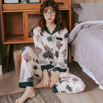 

Pajamas For Women 2020 New 100% Pure Cotton Women Home Suit XXXL Grey Floral Lapel Cardigan Top+Long Bottoms 2 Pcs Women Pajamas