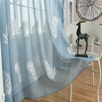 

White Feather Embroidered Window Tulle Curtains for Living Room Bedroom Modern Blue Sheer Curtains Embroidery Voile Curtains