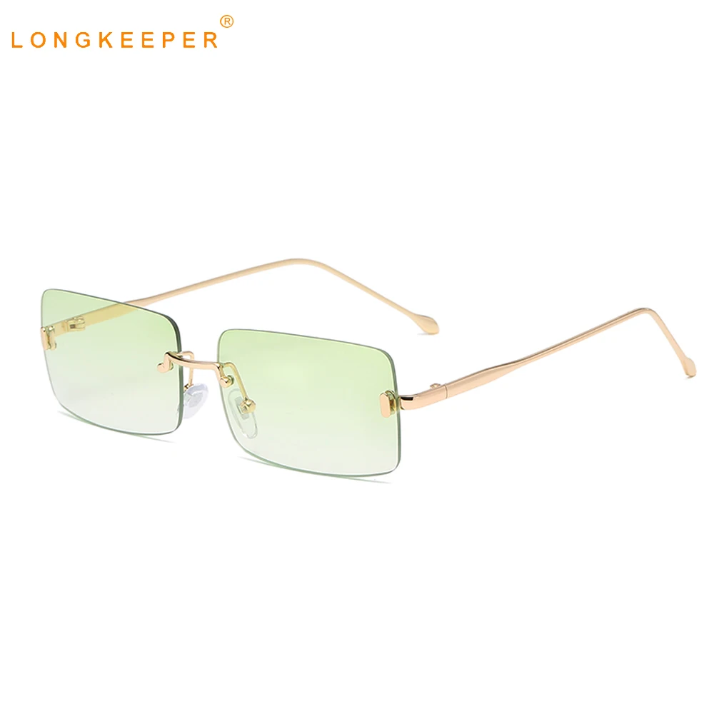 Long Keeper Rimless Rectangle Sunglasses Square Vintage Tinted Glasses Unisex Transparent Small Retro Sunglasses for Women Men 