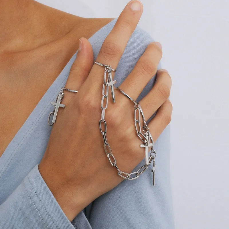 Men Punk Silver Color Plated Cross Chain Ring For Women Trendy Hip Hop Finger Knuckle Adjustable Jewelry Accessories Gift Anillo finger ring chain ring silver ring adjustable rings jewelry accessories