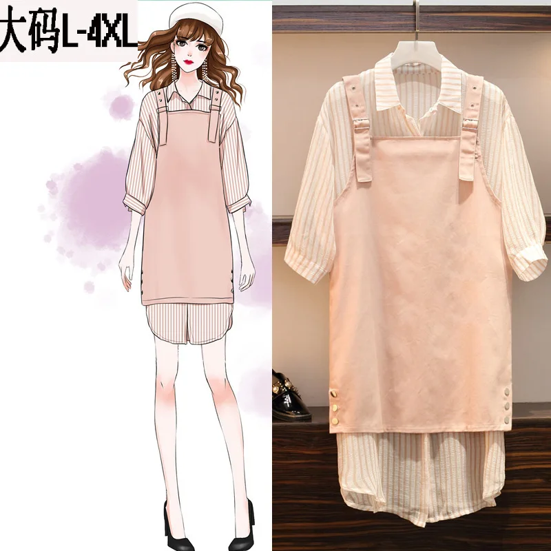 

2019 Korean-style Large Size Dress Fat Mm Summer Wear by Age Striped Shirt Dress Cowboy Strap Dress WOMEN'S Suit Fashion
