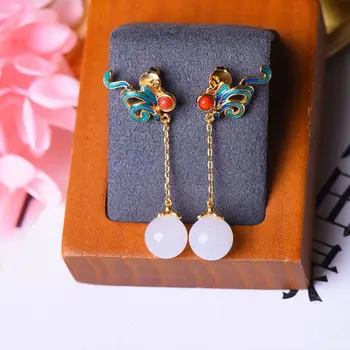 

silver inlaid natural Hetian white jade long earrings Chinese style ancient Flower Charm elegant gilt light luxury lady jewelry