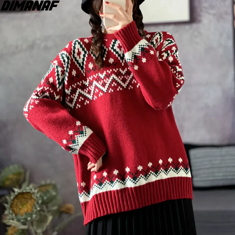 

DIMANAF Plus Size Women Knitting Sweaters Christmas Style Print Warm Red Fashion Casual Vintage Autumn Loose New Year Sweater