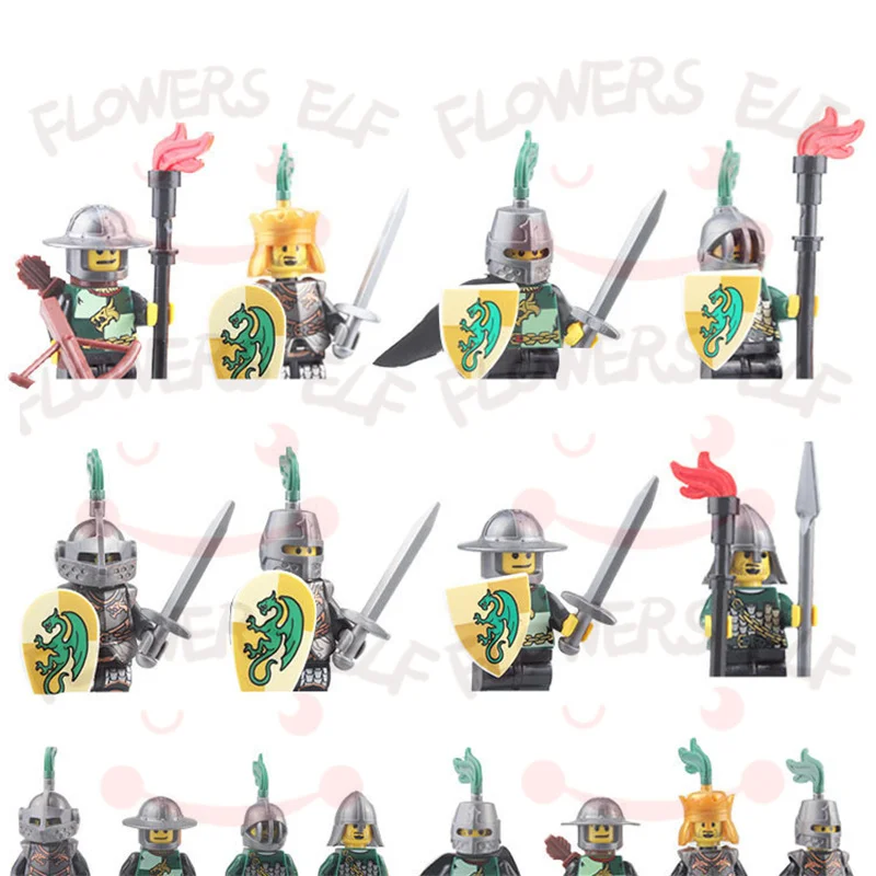 1PCS Blue Lion Red Green Dragon Knight Mini Two-person Villain Middle Age Assembling Building Blocks Children'sToy Medieval Knig