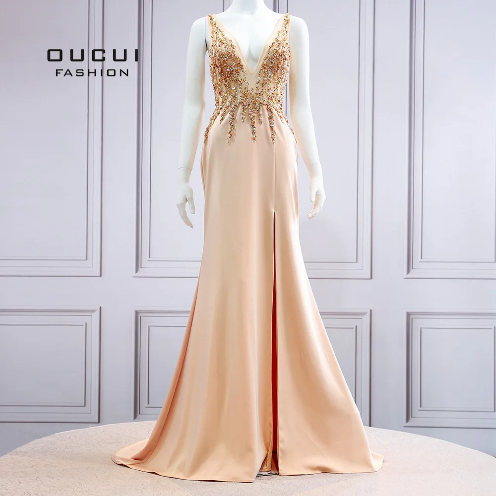 As Photo Трапециевидные Длинные вечерние платья Robe De Soiree с v-образным вырезом на спине со шлейфом со стразами без рукавов вечерние платья OL103541 - Color: As Photo